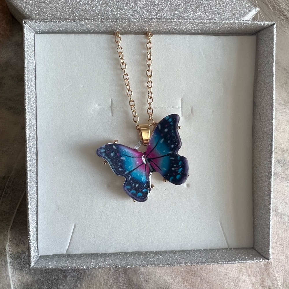 Butterfly Pendant Necklace in Blue and Purple